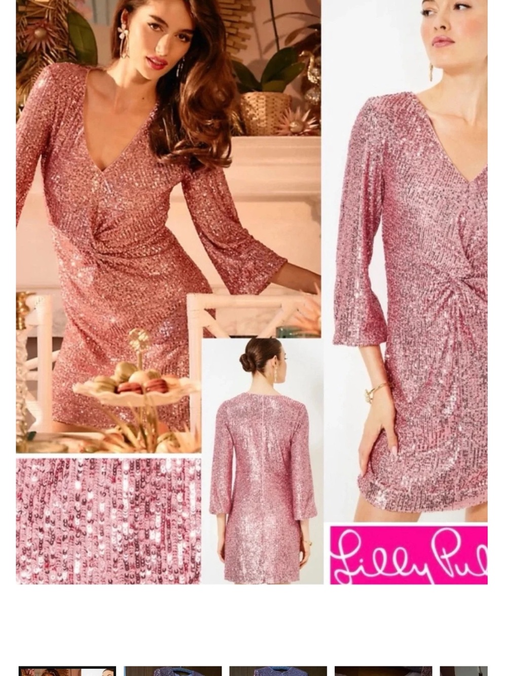 Lilly Pulitzer Estrella Conch Shell Pink Sequin Long Sleeve Faux Wrap Dress NWT